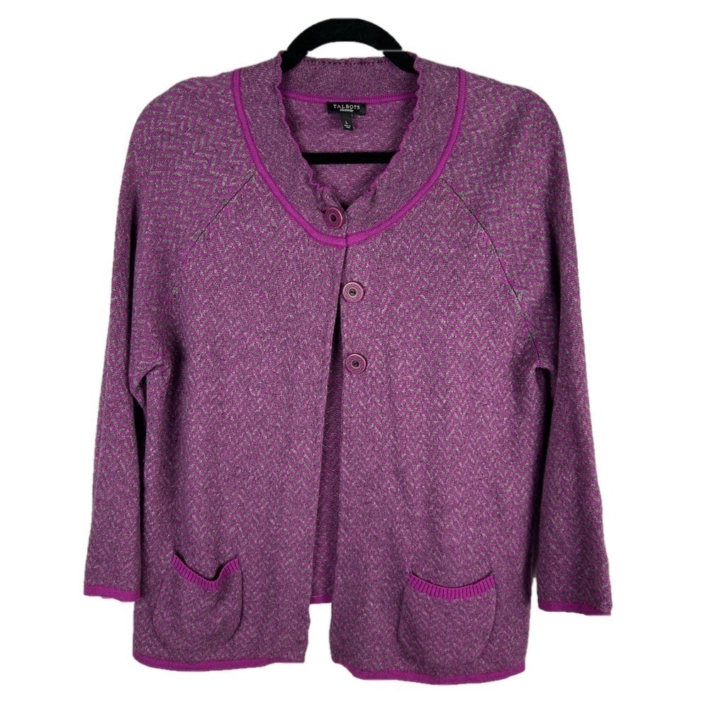 Talbots Lambs Wool Cashmere Blend Chevron One Button Sweater Large Pink Purple